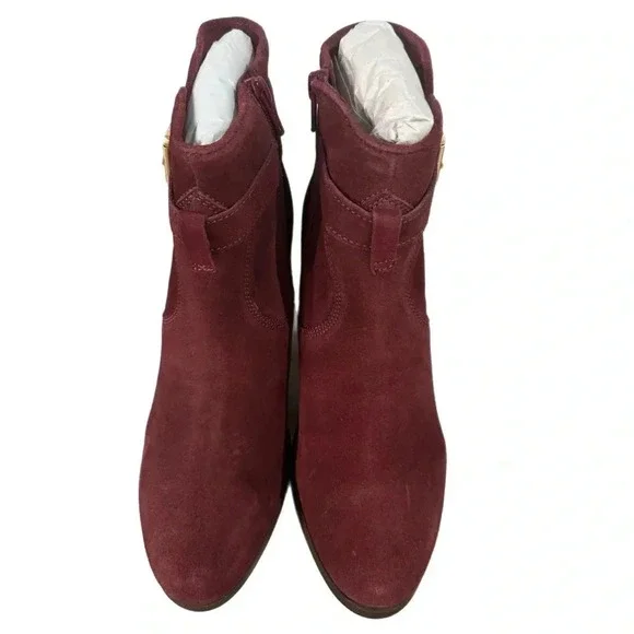 New Stitch Fix Sleek Bootie Burgundy Suede Leather Gold Buckle Heeled Boots - Picture 6 of 9